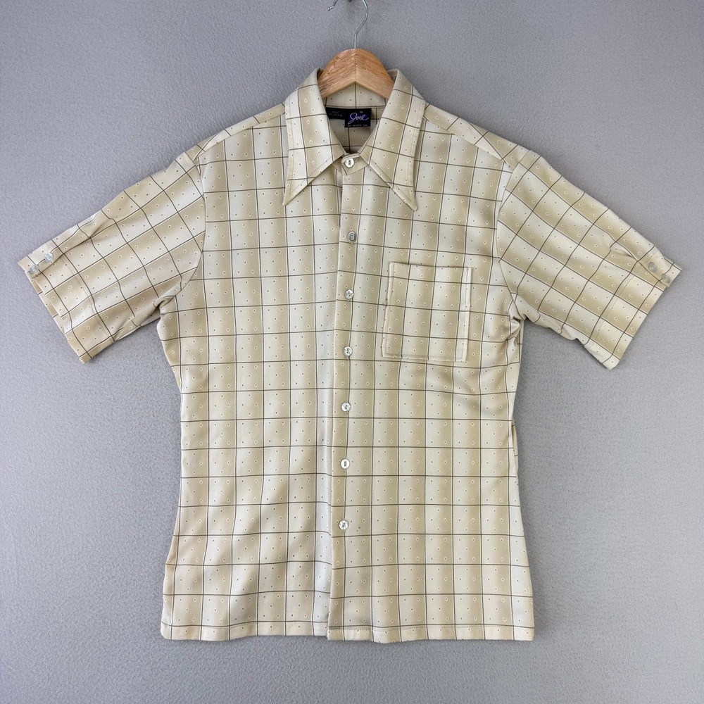 VIntage 70s Joel Cali Disco Shirt Mens Medium Beige Plaid Short Sleeve Retro USA